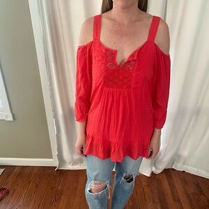 DR2 Red Ruffled 3/4 Sleeve Blouse